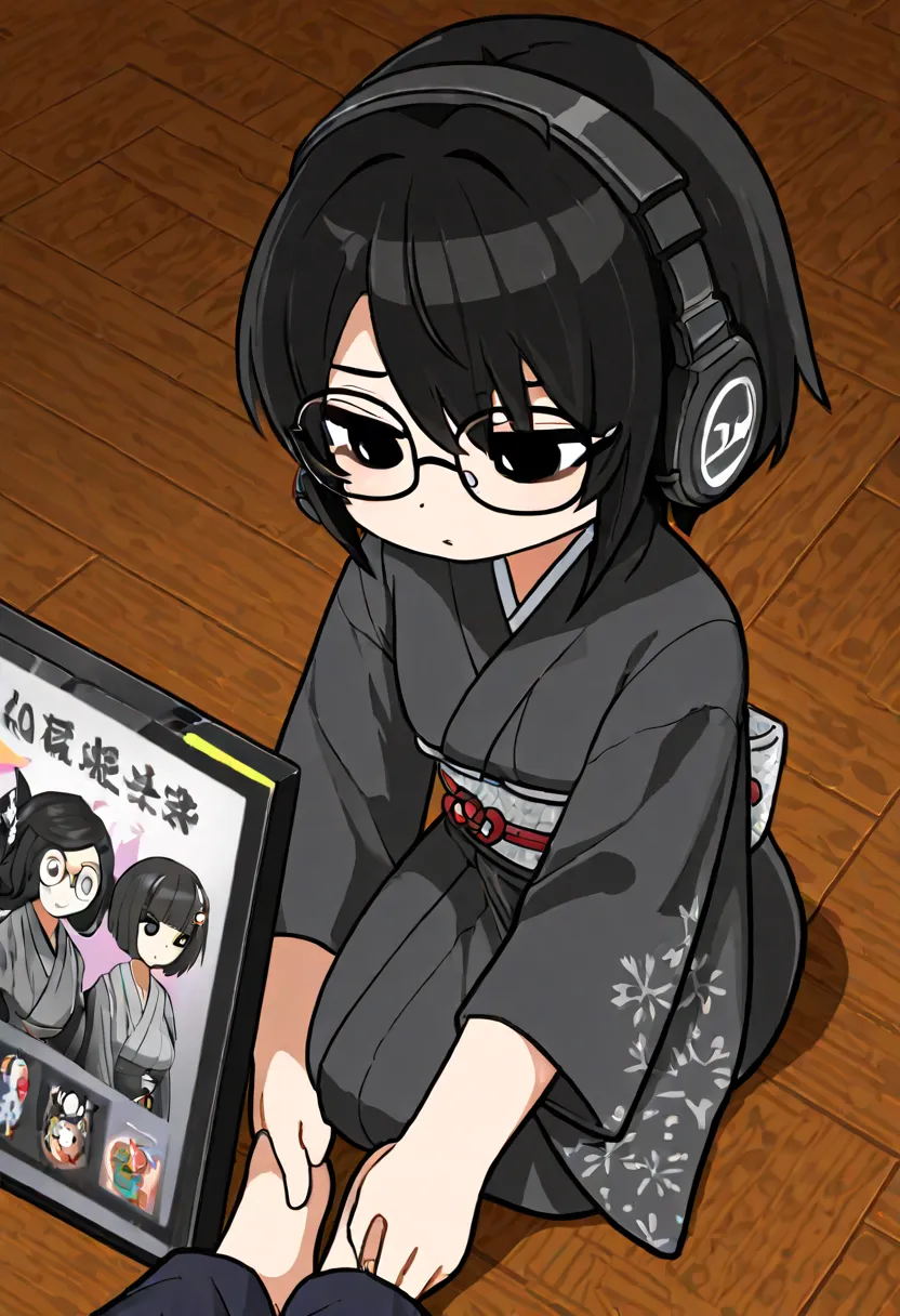 Adult Japanese female. Short, wavy black hair. Black eye color. Wears a dark grey Japanese kimono that reaches down to her ankles. Wears glasses. Wears a gaming headset. Streams PC games. Drawn in American comic book style. Deformed character. Cute. Backgr...