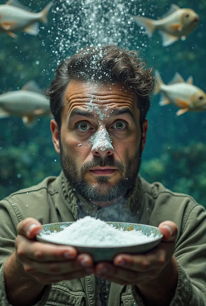 Create an image of a man holding a serving of cocaine and utterly destroyed in affection and appearance, with very wide eyes and a white powder on the nose, with half-crooked lips and scenery of several fish standing like a human being around 