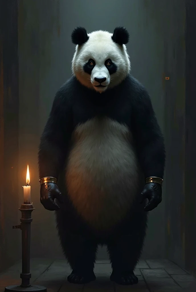 Panda who's like a man standing in shadow with a Only one candle light with handcuff which have broken heart sign in handcuff 