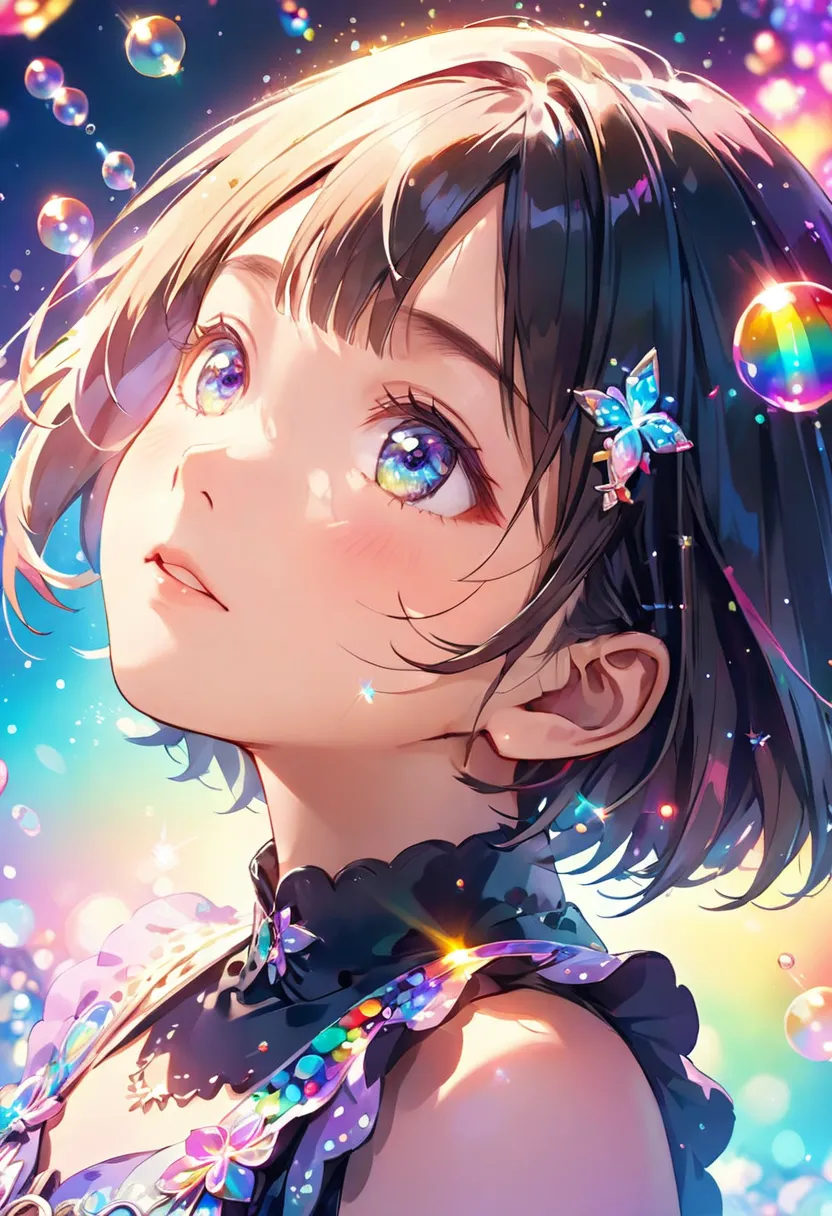 A cute anime girl surrounded by sparkling rainbow bubbles, looking up at the sky with short hair and bangs, wearing black , in an enchanting cartoon style, with detailed details of her face and outfit. The background is filled with colorful glittery sparkl...