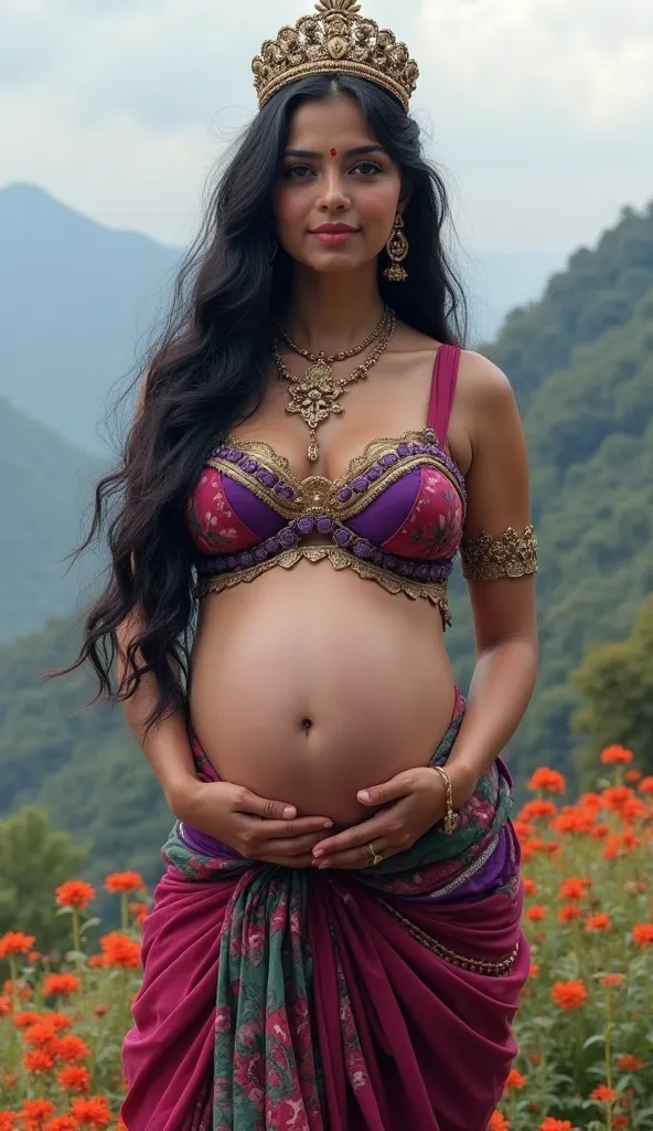 Indian goddess, woman, pregnant, very big boobs open, sexy woman, wearing tight fancy transparent purple red yallow sexy choli bra,visible big breasts over transparent bra sexy fancy tight purple redgreen transparent  black skirt sexy penty, standing at mo...