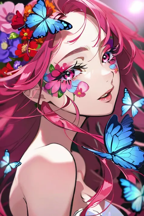 Face Paint, about beauty, Details, by yoneyama mai, color, 1 girl, alone, Upper Body, looking at the audience, split lips,  multicolored eyes , pink eyes, one eye closed, flower over eye, eyelash,  long hair,  Pink Hair, red hair, I&#39;m floating, multico...