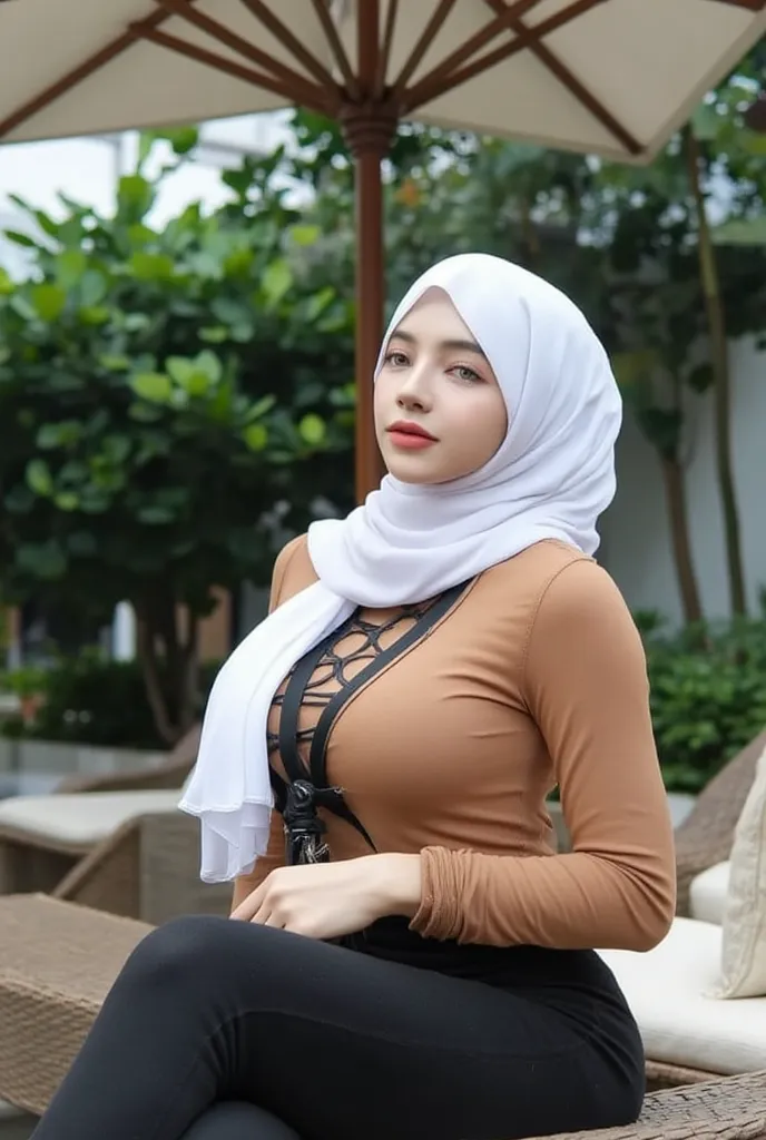   A beautiful woman with natural makeup, posing while sitting on a garden chair, wearing a brown jacket, long black skirt and wearing a white hijab, with a tall white handsome man, cool haired, wearing brown muslim dress and black pants, Ramadhan bazar,  (...