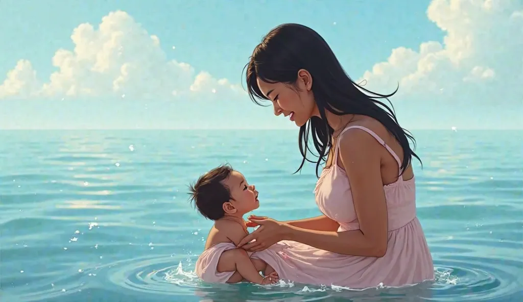 Cảnh tượng nhìn từ góc nhìn thứ nhất của Write, a mother taking care of her little one on the beach. Write, a Southeast Asian woman with dark skin and long dark hair, standing in the calm sea water, giving her hand out gently to bathe the newborn. She had ...