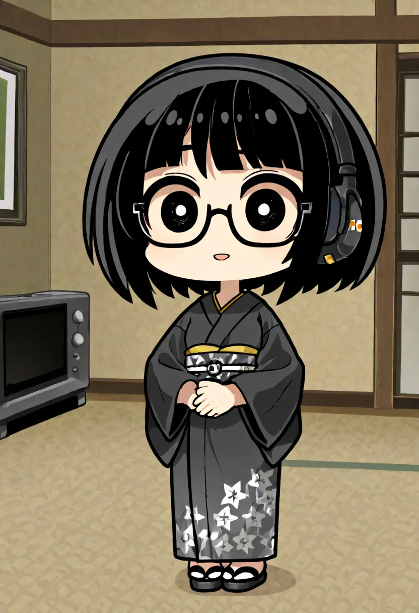 Adult Japanese female. Short, wavy black hair. Black eye color. Wears a dark grey Japanese kimono that reaches down to her ankles. Wears glasses. Wears a gaming headset. Streams PC games. Drawn in American comic book style. Deformed character. Cute. Backgr...