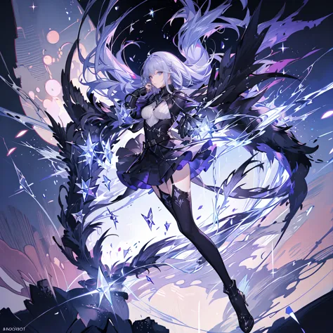 1 girl, Crystal themed girl, crystal highlighted stockings, blue and purple thigh high stockings, heeled boots. White and black bodysuit skirt, purple blade, assassin. Magic, sideview close-up looking at viewer, above waist shot, galaxy starry background, ...