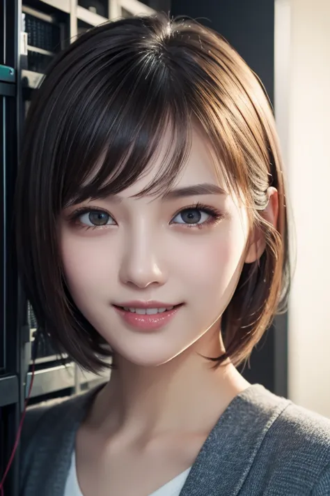 ( full body:1) Young girl,  Smart Casual,  HACKER'S SERVER ROOM,  detailed face , (( cool expression)), ( Straight Short Thin Fringe Hair:1.2),  super detailed pictures, ( Photorealistic), ( intricate detail :1),(Masterpiece :1), ( best quality :1),  超 hig...