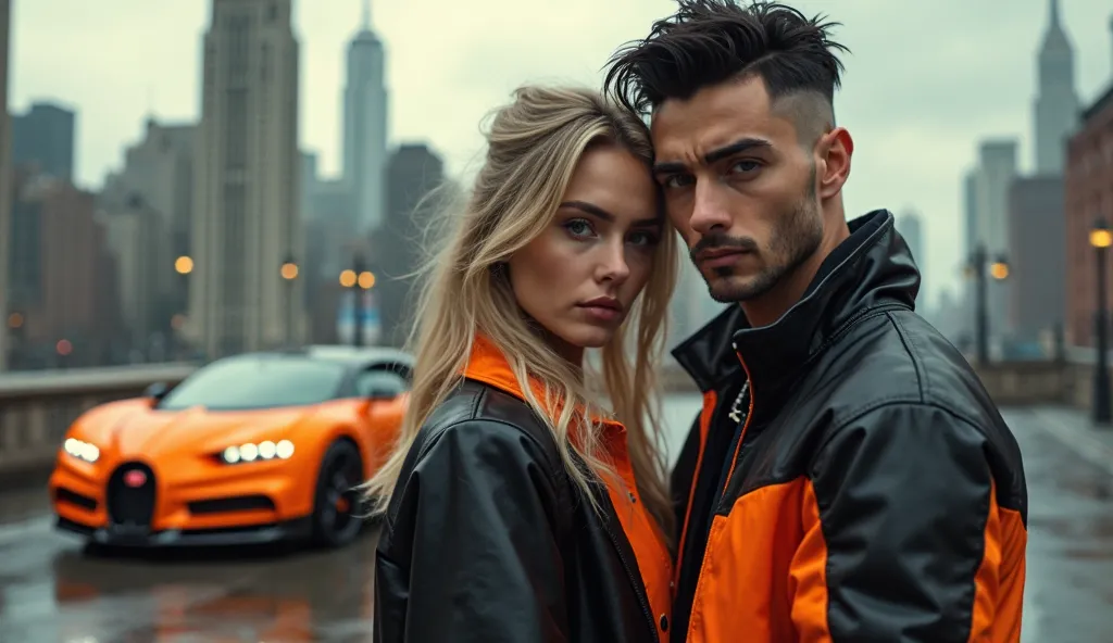 High quality, highly detailed, hyper realistic 4k photo of the orange and black Bugatti Chiron model car in the New York City skyline; A beautiful Ukrainian woman with pale green eyes and ash blonde hair standing next to the car and a menacing handsome Ame...