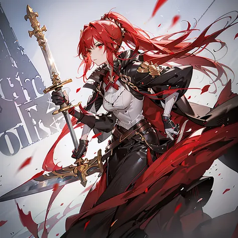 masterpiece, best quality, 1girl, solo,red hair, red eyes,gloves, boots, white gloves, cape, armor, holding, ponytail, weapon, boots, sword, holding weapon, holding sword, 