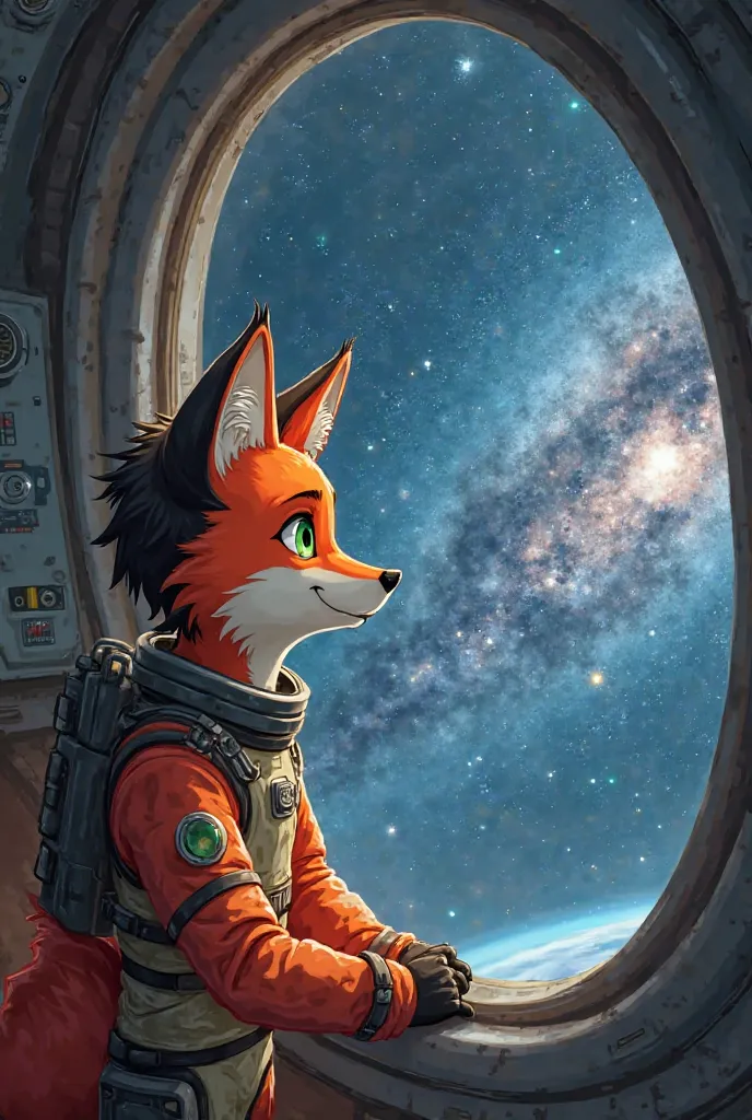 1 19 year old boy, he is a fox, his fur is orange, his eyes are green, his hair is short, with one half black and the other half red, he is in a spaceship that is passing through a galaxy, the boy is dressed in an advanced spacesuit, he looks out the windo...