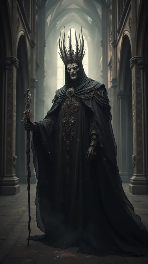 「A large cross pendant hangs on the neck、A person with an eerie figure。wears black robes and an elaborate crown、has white paint on the face、with a black pattern floating。and stands in the aisle of a majestic gothic cathedral、 holding a scepter in one hand ...