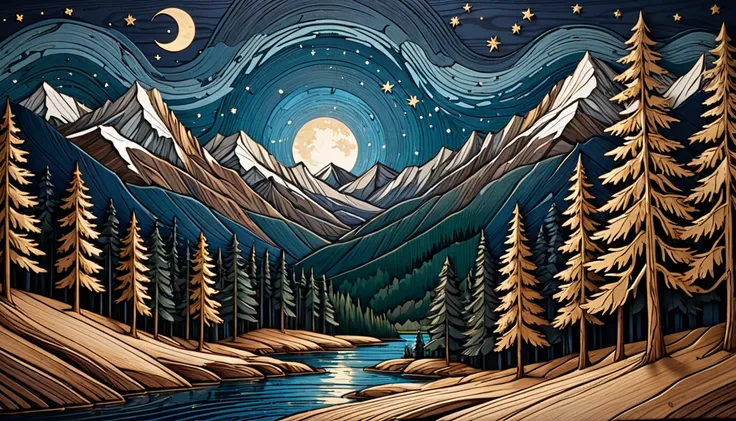 A nature-inspired 3D woodcut-style design. The artwork showcases a serene nighttime mountain landscape with towering evergreen trees, rugged peaks, and a full of stars. The trees and mountains have a textured, layered woodgrain effect, adding depth and war...