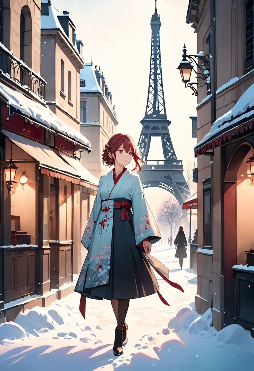 A young woman in an elegant kimono stands under the arches of Parisian architecture, her hair styled short and straight with red highlights. She wears delicate white floral patterns on black fabric that flow gently as she walks through the snow-covered str...