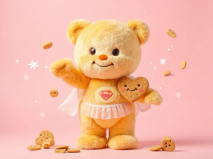 (((butterbearv1))), (((teddy bear))), "A cute, golden, butter-textured bear with a warm, friendly expression, dressed in a Superman costume, holding a heart-shaped cookie in one hand and waving with the other. The bear has soft, fluffy fur resembling a fre...