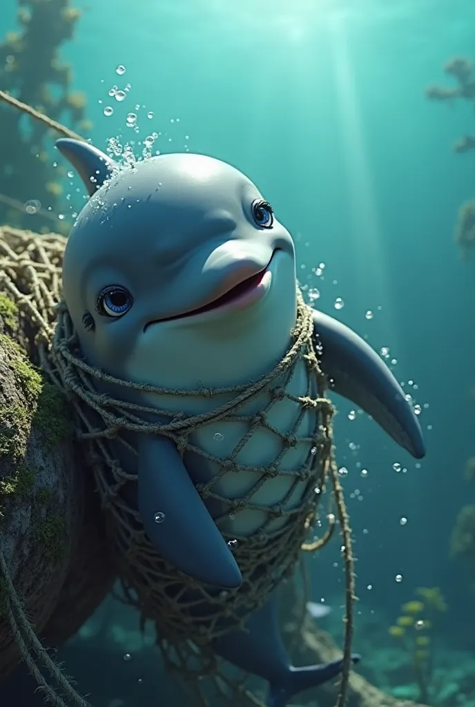 Pixar-style 3D render, a distressed dolphin with large, expressive eyes and a slightly open mouth, struggling inside a tight fishing net. Its tail is tangled, and it flaps its fins helplessly. The net is old and rough, tied to a sunken wooden log covered i...