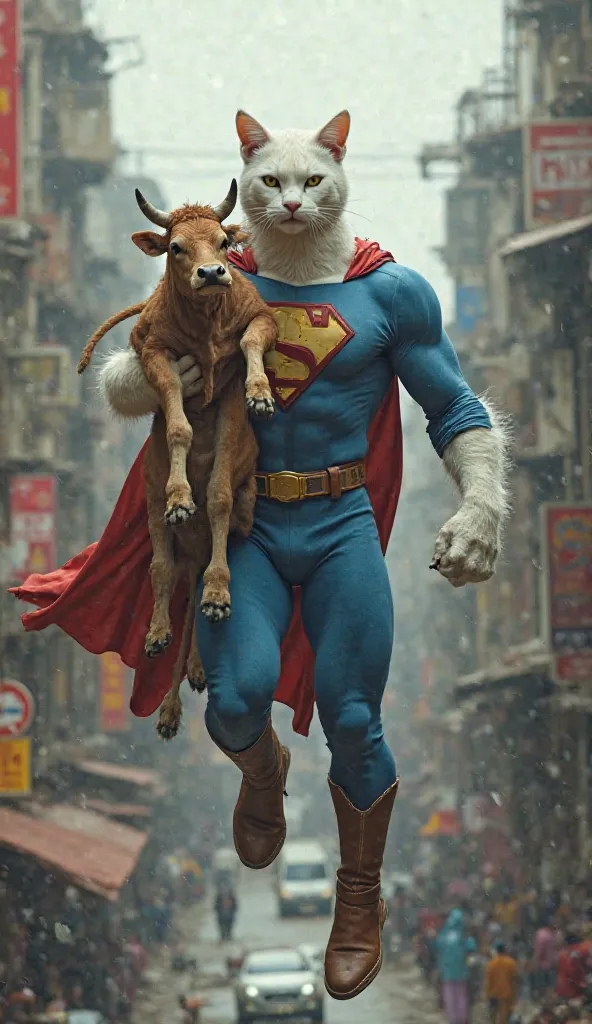 Supercat :   tall, humanoid super-powered male cat with pristine white fur, sharp facial features,Wear a blue pant and a light blue superstar shirt with rolled-up sleeve, leather boot and belt.

Supercat gently lifts the unconscious severely injured and em...