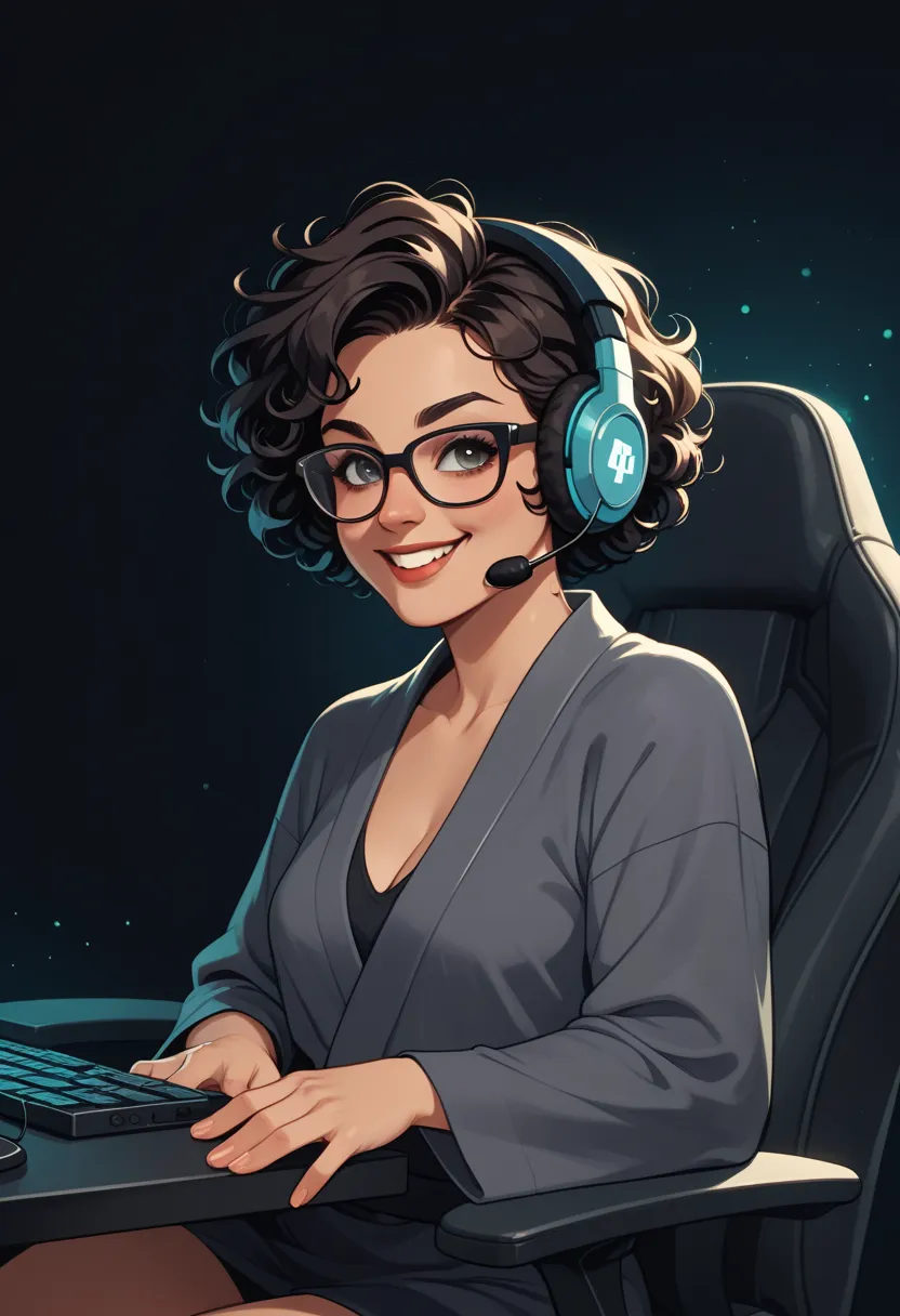 An adult Japanese woman. She has semi-short, black curly hair. She wears glasses and a dark red and dark gray kimono. She is wearing a gaming headset, sitting in a gaming chair, and broadcasting her PC gameplay. She has finally completed a game that she ha...