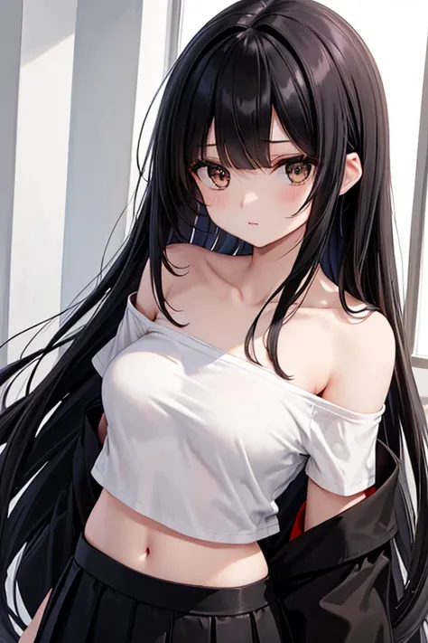 best quality, High Resolution, 1 female,slender、Small face、brown eyes、is tall、Around town、 Black Hairbreak  、long hair、( white short sleeve t-shirt:1.4 breaks )、(black skirt:1.2)、(beautiful woman:1.5)、Age 25、mature、midriff peek,(Off Shoulder:1.3)、( Can See...