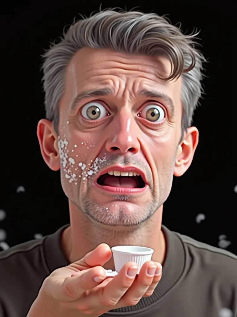 Create an image of a man holding a serving of cocaine and utterly destroyed in affection and appearance, with very wide eyes and a white powder on the nose, with half-crooked lips and scenery of several fish standing like a human being around 