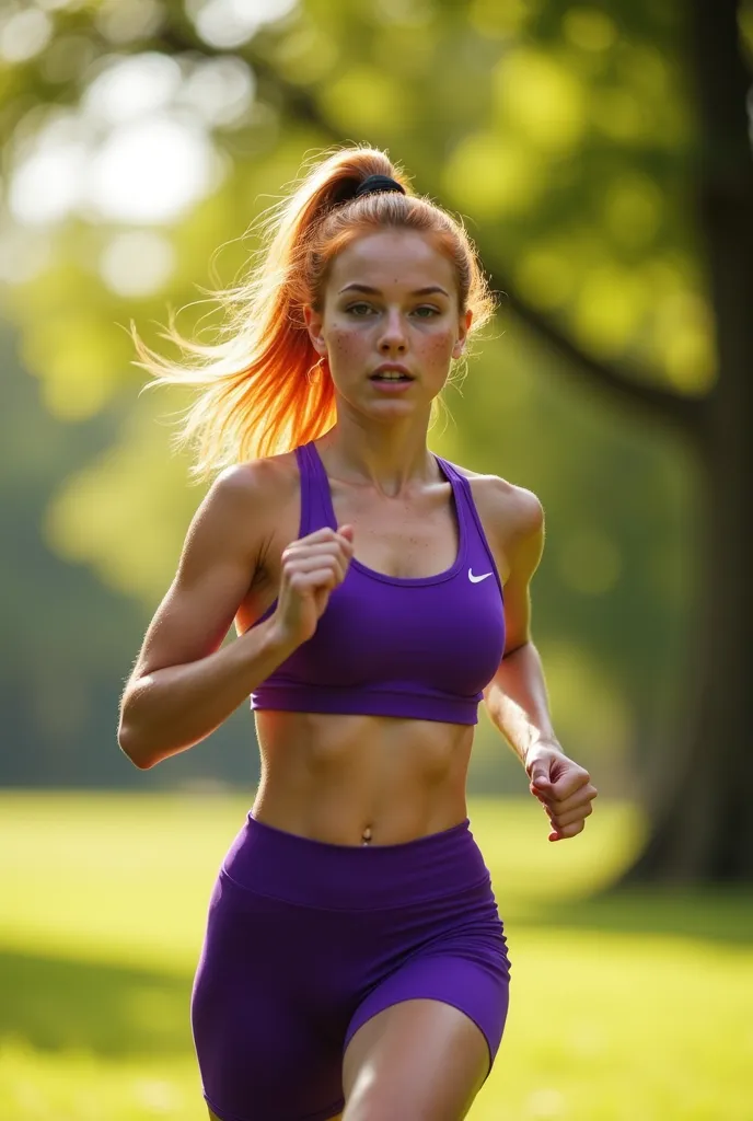 young ginger girl in the park, wearing a purple sports top and leggings, she has medium breasts that bulge out of her top, she has freckles all over het body, young and cute girl, photo by canon R5, running, hair in ponytail