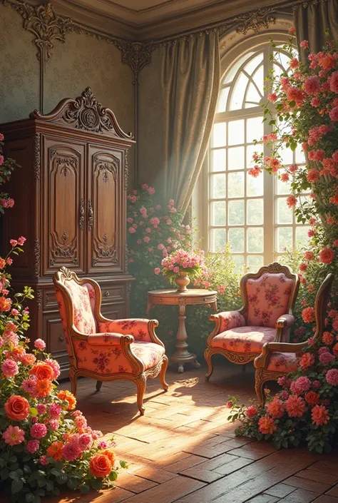 Create room image with high quality and realistic antique furniture with lots of flowers 