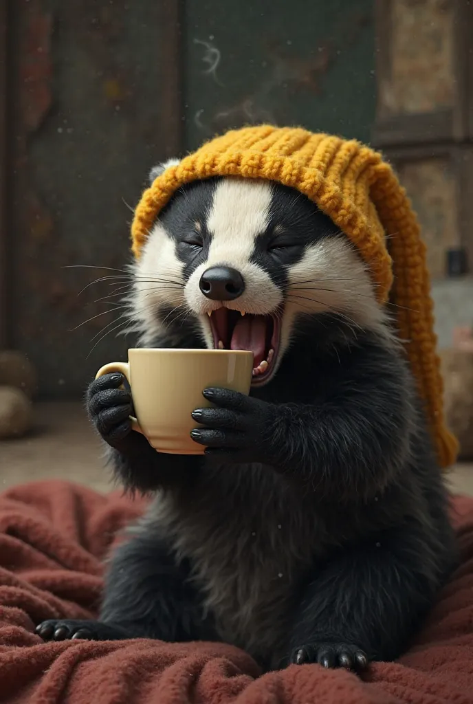 A badger with a yellow sleeping cap. Yawning moody and drinking coffee 