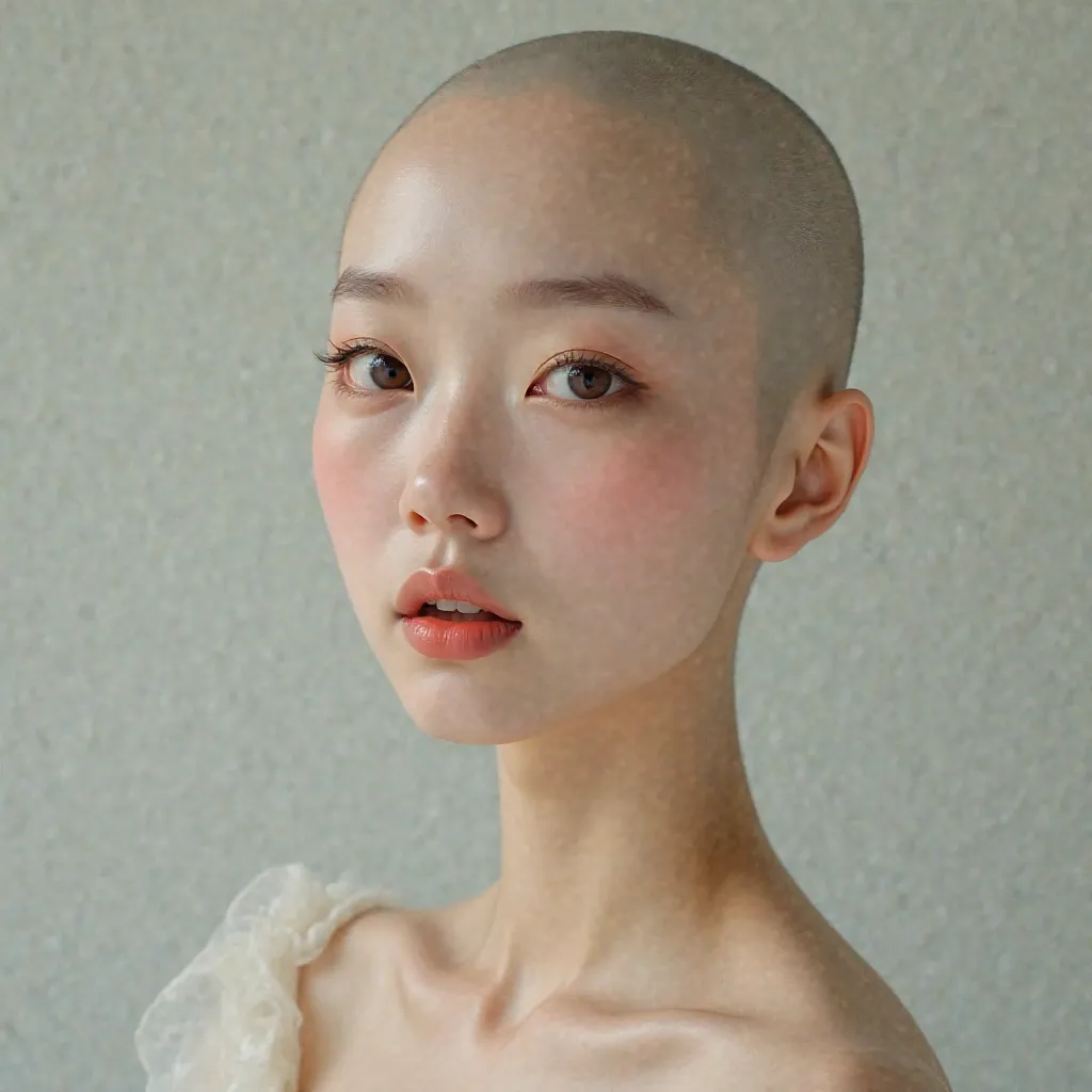 korean girl, very beautiful,  beautiful, sweet look, no hair, bald woman,