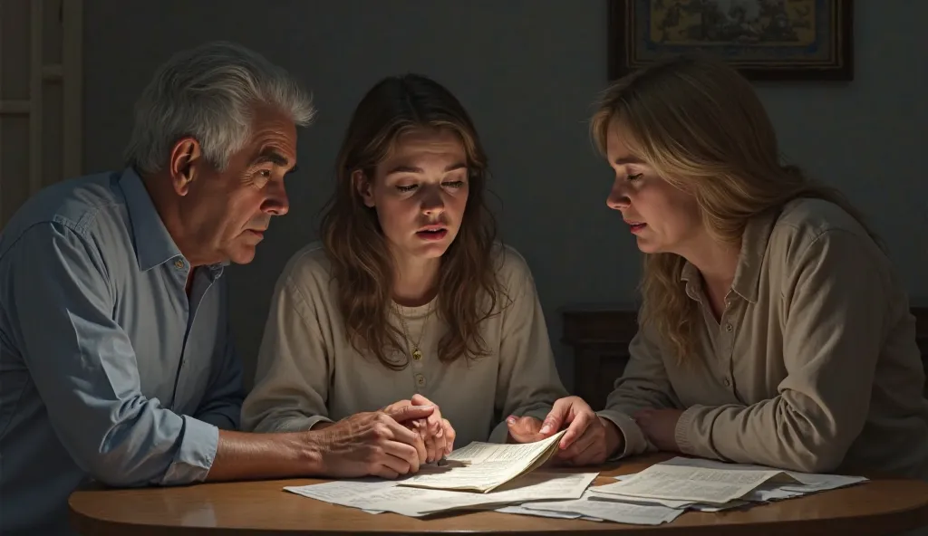 The same young woman looks shocked and heartbroken as she stares at an empty bank statement or an open wallet with no money. Her parents sit nearby, looking indifferent and unapologetic.