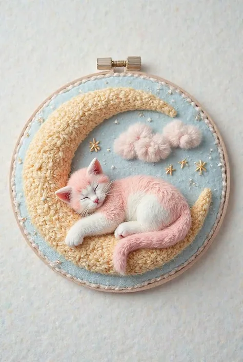 "A delicate embroidery and stitching artwork of a pastel-colored kitten peacefully sleeping on a soft crescent moon. The embroidery features intricate threadwork, with a dreamy celestial theme, including embroidered stars and clouds in soft pastel shades o...