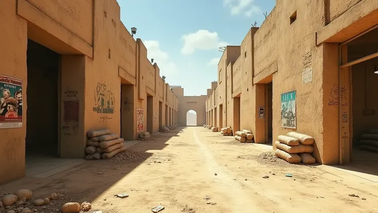 A breathtaking ultra-realistic rendering of a Middle Eastern war zone, resembling the A Long section of Dust 2 from Counter-Strike. The perspective showcases a wide, open street with towering stone walls, some covered in worn-out posters and graffiti. The ...