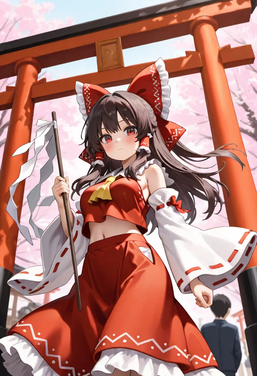 hakurei reimu, 1girl, long hair, looking at viewer, blush, brown hair, black hair, 1boy, red eyes, holding, navel, closed mouth, medium breasts, standing, hair bow, outdoors, detached sleeves, solo focus, wide sleeves, red bow, from below, hair tubes, cher...