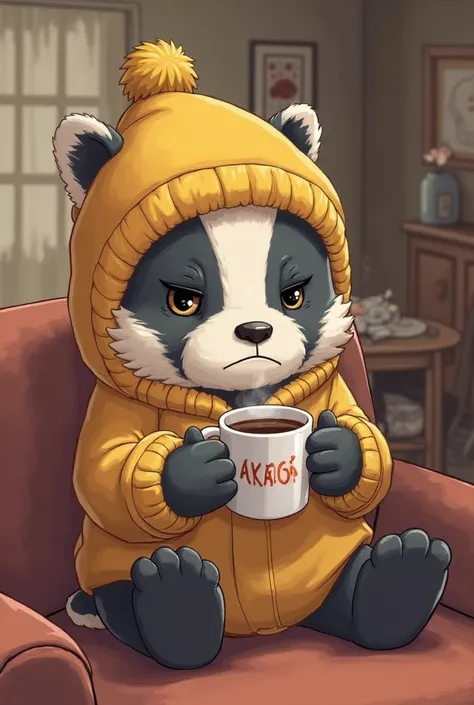 A badger with a yellow sleeping cap.  Grumpy and drinking coffee 
Anime style