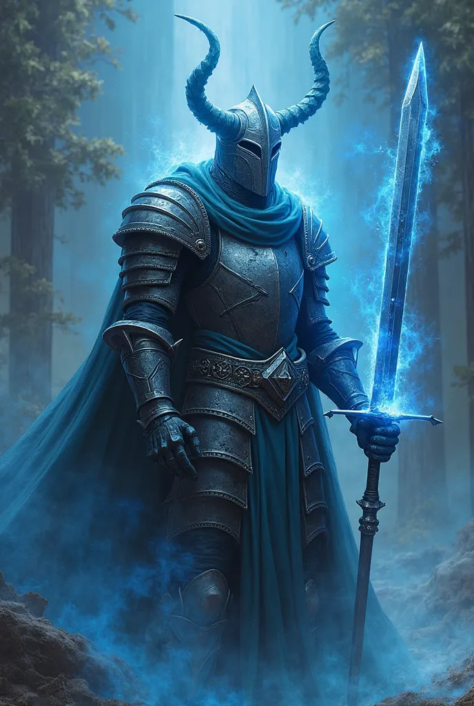 Necromancer Knight with 2 horns on his helmet, one broken from the armor, a blue aura emerges and he holds a sword in his hand 