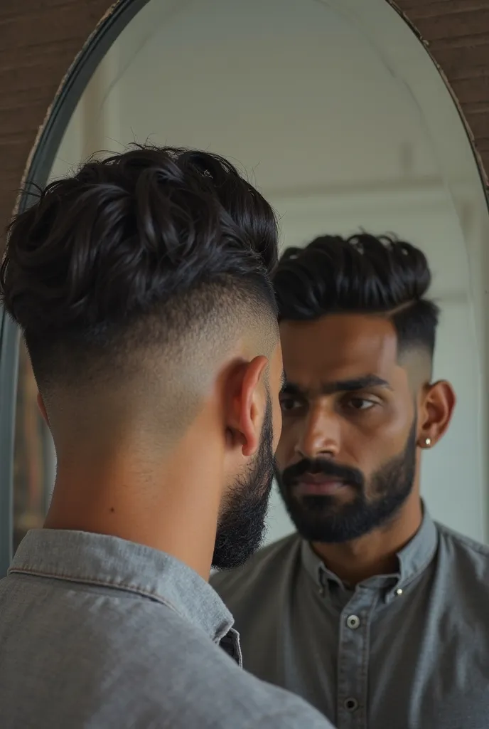 show me a picture of a Indian man showing the back of his low taper fade as a Mirror pic