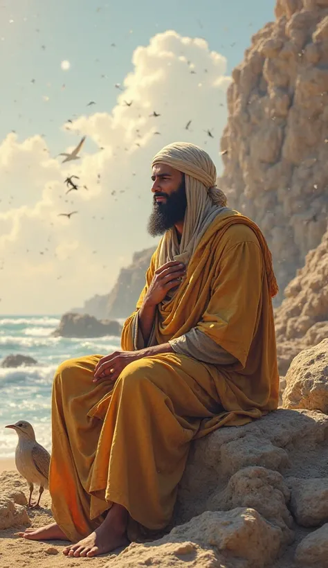 Sitting on a large rock, Prophet Ibrahim looks at the revived birds with a peaceful expression. He places a hand on his chest, closing his eyes momentarily, feeling a deep sense of assurance and gratitude for the knowledge and faith he has just gained.
