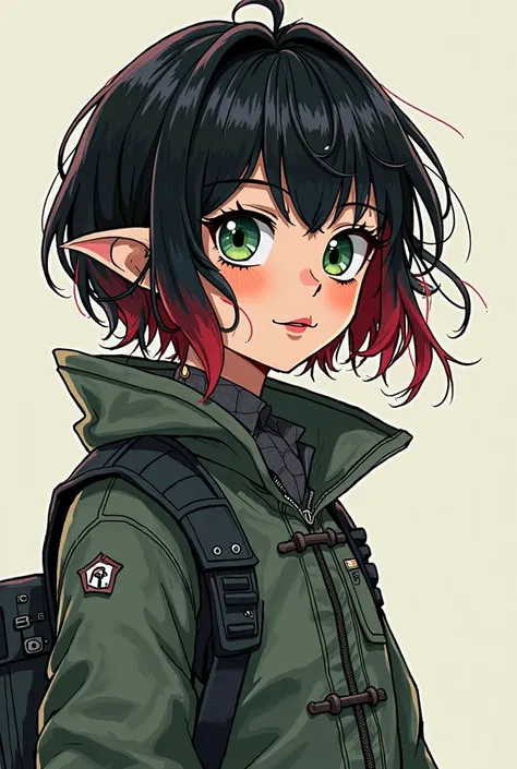 Girl with black hair and red tips, short jellyfish cut , pointy ears like those of an elf, 165cm tall.  small eyes
Ropa ciberpunk con tecnologíca antigua.
Something Tomboy.
Charismatic and energetic with great vitality.
Manga style, Manhwa or Tomo.  small ...