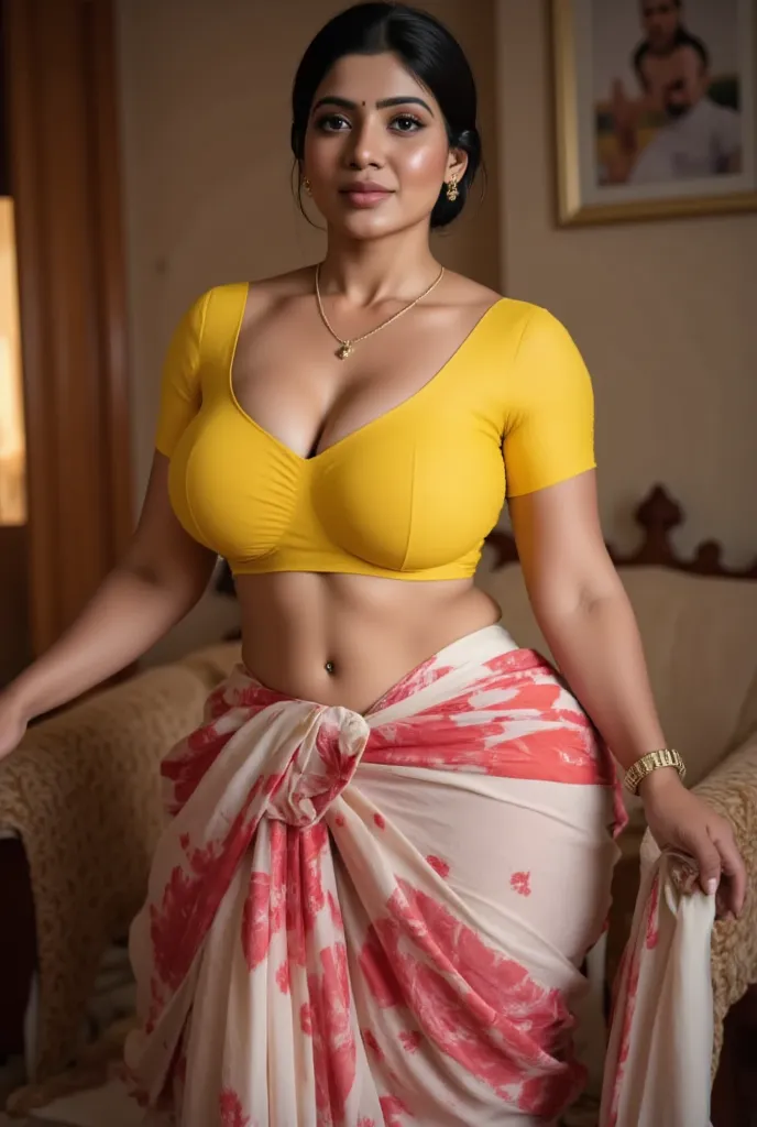 hot healthy 50 year old south indian dark brown skin curvy milf with hair bun, big breast, simple small black dot bindhi, broad shoulder, big hip, big ass, thick thighs, woman wearing Georgette saree and color blouse(very big breast clevage), in indian mid...