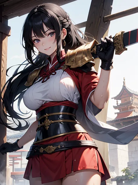 woman、Female Warrior、Armor over shrine maiden outfit、sword that is sticky from sweat、 with long black hair tied up at the back、big breasts、 Slim waist、 white skin、dark eyes、fearless smile