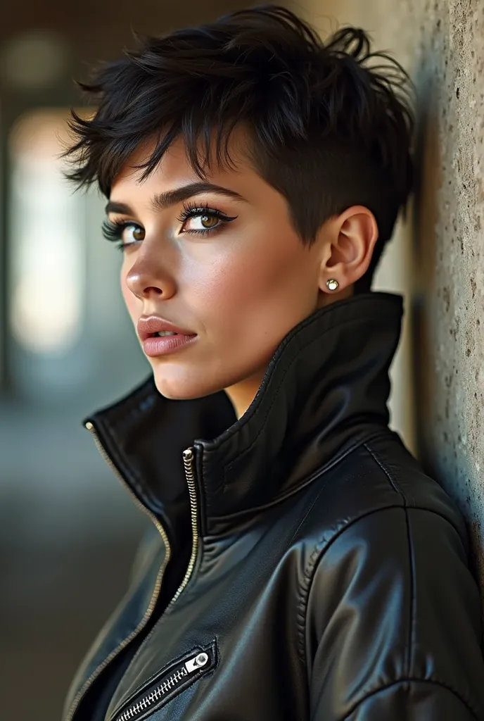 Create an image of a girl with stylish 90s short haircut greaser style Make her older but not too old and also make it full body shot Give her the badgirl look with the jacket zipped all the way up to the collar 