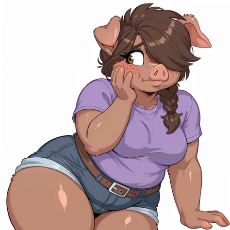 Anthro pig, 1girl, solo, medium breasts, medium hair, single braid hairstyle, big eyes, big eyelashes, glossy fur, dark brown skin, black eyeliner, narrow shoulders, simple background, brown eyes, purple t-shirt, simple background, white background, chubby...