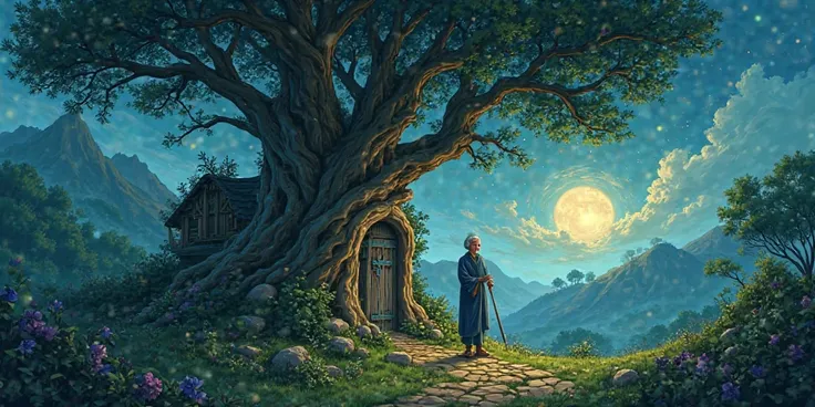 That night... Meena walked toward the Magical House... At its entrance... stood a large tree... Under it sat an old woman... Her name was Mayamma... a sorceress...  