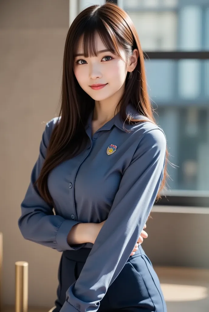 (Her face is precisely positioned in the center in the image : 1.5), (Upper Breast : 1.5), (police officer : 1.4), (Glass Office : 1.5),  long hair、Bangs, Smile, Young Cute Japanese Face ,  Official Art,  HD  CG Unity 【8k wallpaper,Ultra  HD  , is very det...