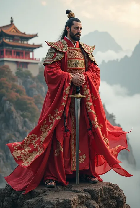 armor, red silk cape with cloud patterns flowing to sides, jade belt, holding Chinese long sword vertically, standing on misty mountain peak with Forbidden City behind, symmetrical composition, vibrant red and gold colors, ultra-detailed embroidery, cinema...