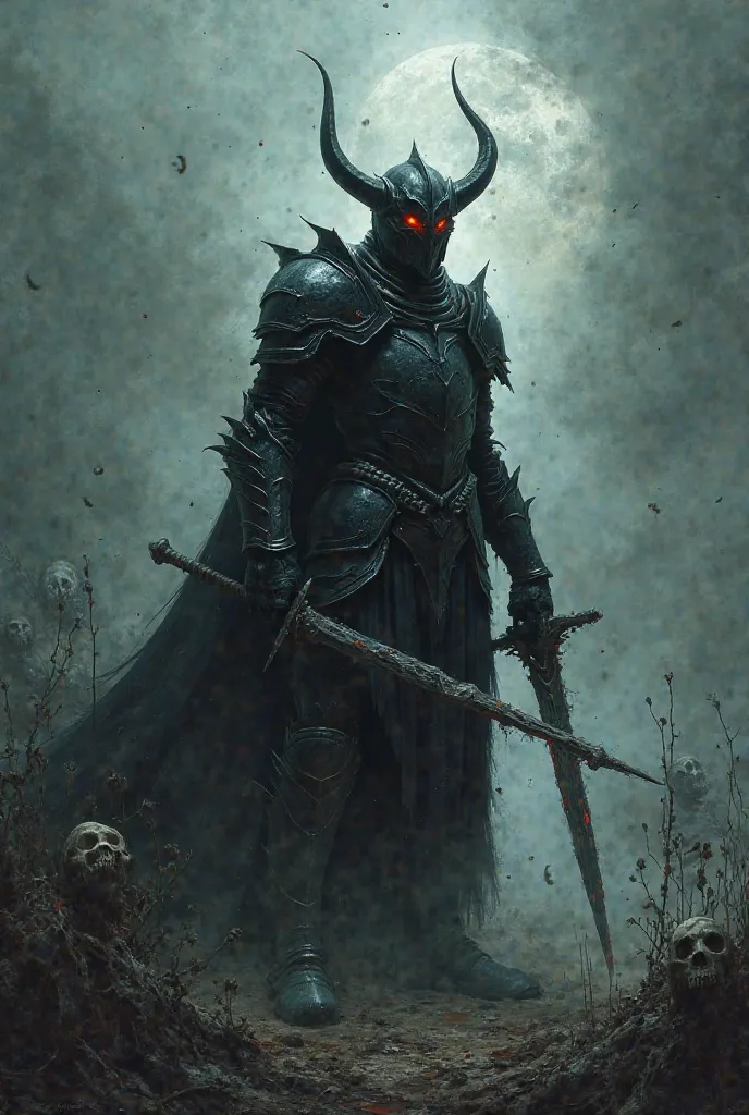 Dark Black Knight with red eyes, helmet with 2 horns and conjures skeletons in his hand, has a long and broken sword 