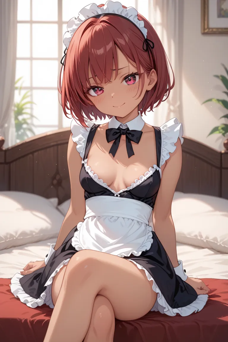 girl,(red hair,red eyes,short hair),medium breasts,black maid,tan,sulking,small breasts, miniskirt,light smile,bedroom,petite,crossed legs,sitting,embarrassed