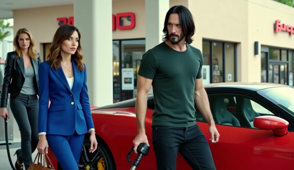 The image shows Keanu Reeves standing at a gas station, filling up the gas tank of a red sports car. He is wearing a dark green tight-fitting T-shirt and black pants. His expression is serious and focused, with shoulder-length black hair and a thick beard....