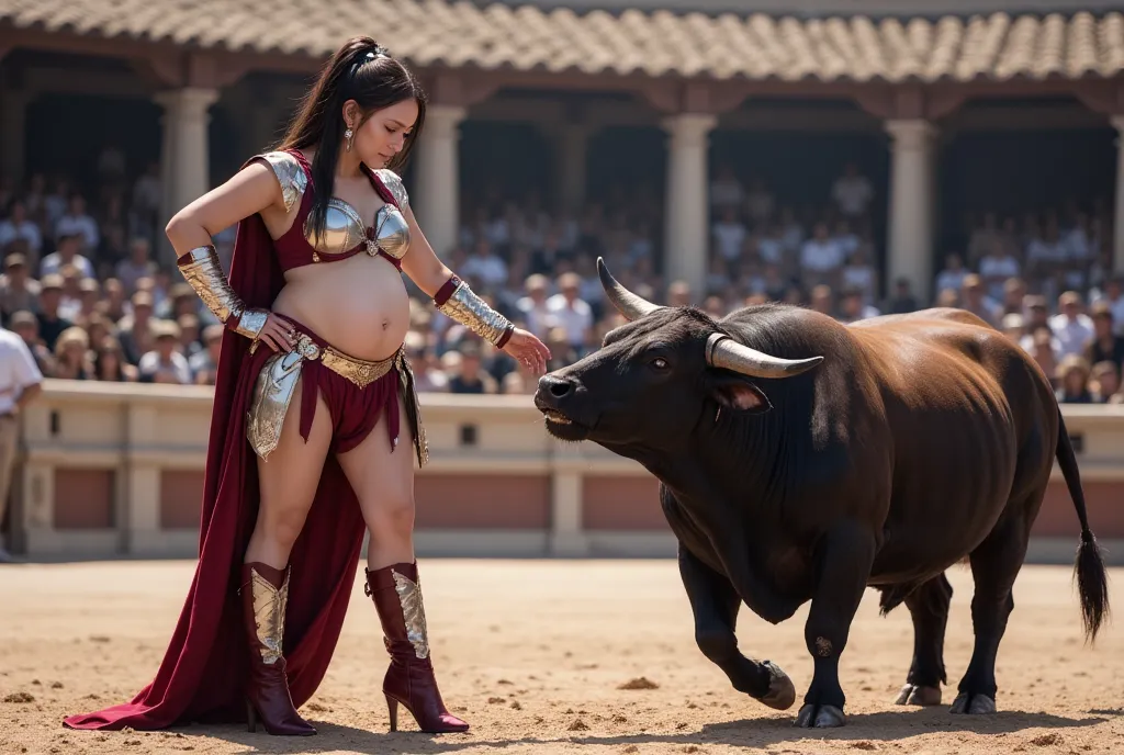 A voluptuous pregnant woman wearing woder woman costume with complete armor, tied-up hair, large hip, large thigh, high heels shoes, she was on defend mode from an angry spanish bull, her right hand hold a knight, location on gladiator arena with spectator...