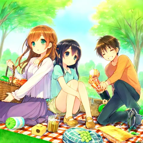 Have a nice picnic and chat with a group of good friends. There are crisper boxes containing various foods on the picnic mat; there are steel cups for drinks.