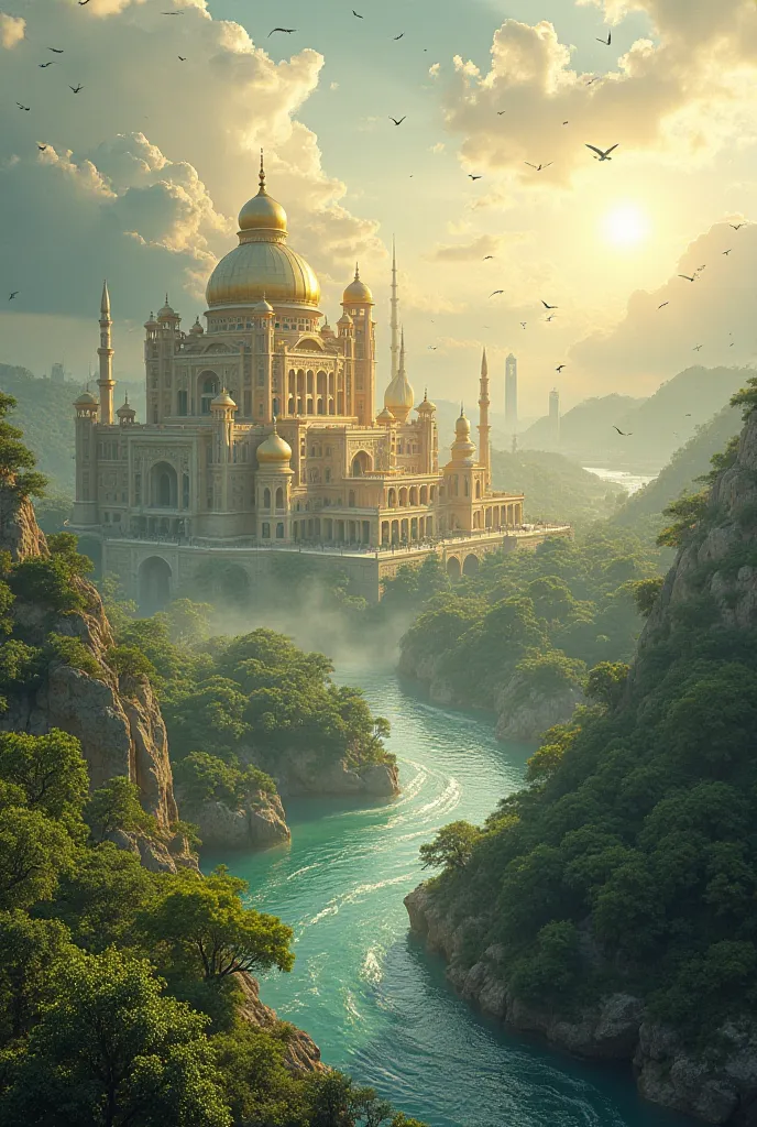 A breathtaking view of Jannah with golden palaces, lush green gardens, and rivers of pure water flowing through. The atmosphere is filled with divine light, and birds are soaring peacefully in the sky.