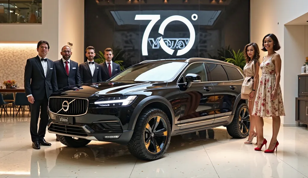 Create a detailed image of a showroom featuring a The car in the black with gold 2025 volvo S90 with rugged tires, displayed prominently under a large volvo  logo in the background. Five elegantly dressed individuals are standing next to the vehicle: four ...